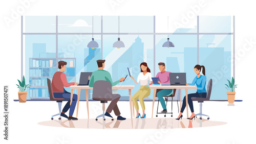 Diverse team of professionals working in a high-tech modern office.