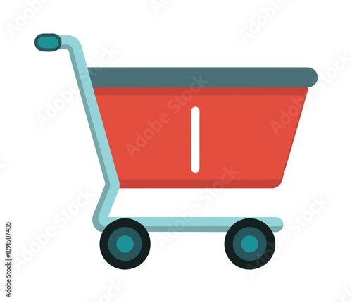 A simple, flat design illustration of a red shopping cart with a light blue handle and frame, on a white background.