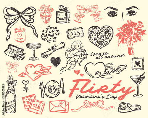 Cute Flirty Valentine's Day hand drawn Whimsical illustration set, vector doodles