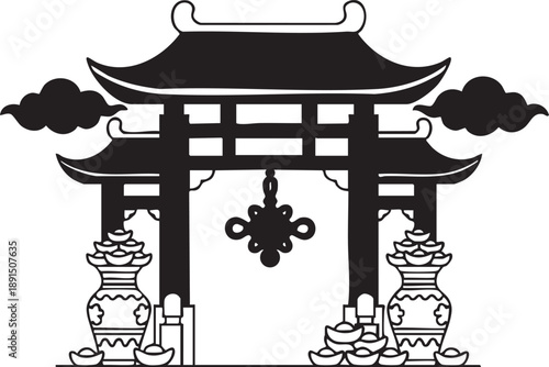 Traditional Asian temple gate illustration, oriental architecture silhouette