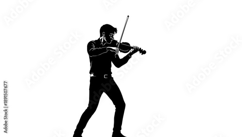 Silhouette of a man playing the violin with passion.