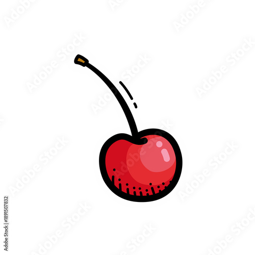 A vibrant red cherry with a green stem, depicted in a playful cartoon doodle style with a black outline and subtle shading on a white background.