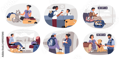 People travel with pets. Funny owners transported animals in special carriers, bags and backpacks, cute dogs and cats at airport and train, present passport garish vector cartoon set
