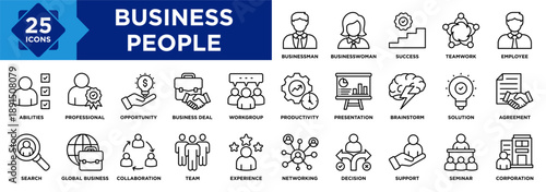 Business People icon collection set. Containing Businessman, Businesswoman, Team, Collaboration, Search, Global Business, Employee, Success, Workgroup, Presentation icon