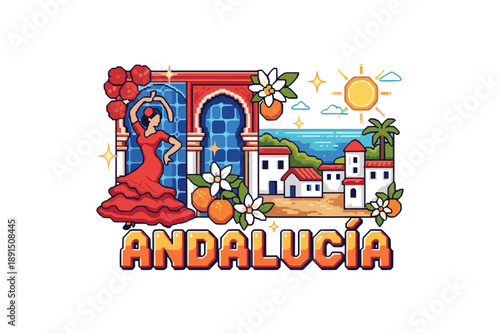 Colorful andalusian scene with flamenco dancer and scenic village landscape