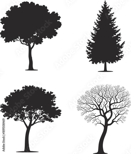 Tree silhouette collection, black forest icons set, isolated white background, deciduous and evergreen trees, nature vector illustration pack