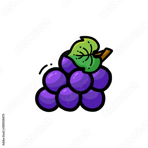A vibrant cartoon illustration of a bunch of purple grapes with a green leaf and brown stem, depicted in a simple, clean style.