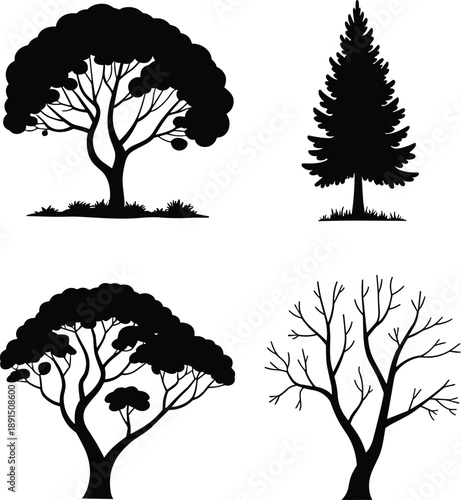 Tree silhouette collection, black forest icons set, isolated white background, deciduous and evergreen trees, nature vector illustration pack