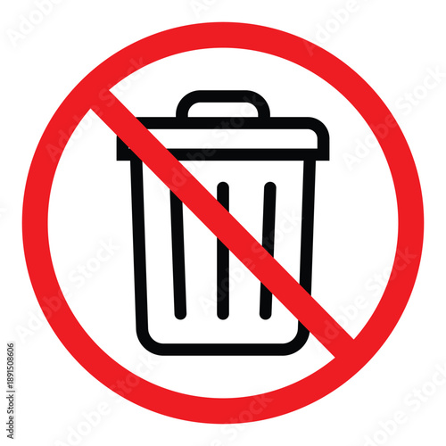 No littering icon with black trash can crossed by red prohibition symbol. Ideal for signage, environmental awareness, and waste management visuals in public or digital contexts.