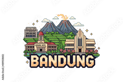 Bandung city landmarks with volcanic mountains and iconic architecture