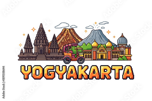 Yogyakarta cityscape: pixel art landmarks and volcanic mountain views