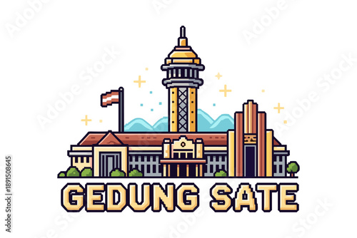 Colorful bandung landmark illustration of gedung sate with iconic tower and flag