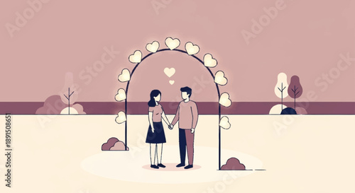 Couple standing under a heart shaped floral archway holding hands.