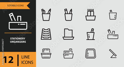 A set of essential stationery organizers line icons for office and school supplies