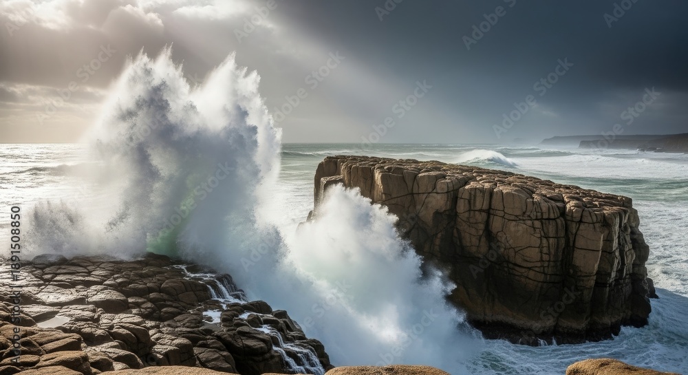 Fototapeta premium Ocean Waves Crashing On Rugged Rocky Coastline