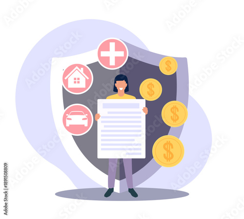 Insurance. Risk management, receiving monetary compensation for various disasters, man hold contract icons for health, home, and car with coins on shield background vector cartoon concept