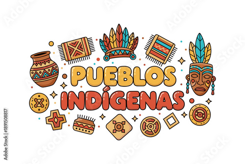Colorful indigenous heritage with symbols and patterns in flat cartoon style