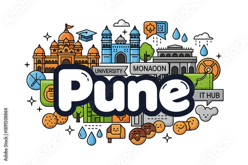 Colorful pune skyline with iconic landmarks and cultural symbols