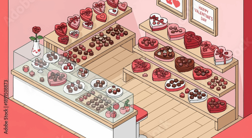 Isometric illustration of a chocolate shop with various desserts on display.