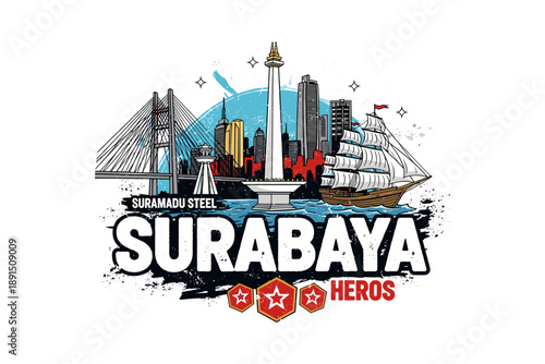 Colorful urban surabaya: iconic skyline with bridges and ships