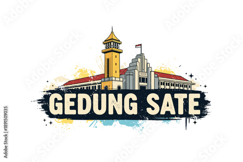 Gedung sate architectural landmark with watercolor splash design