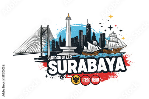 Surabaya landmarks and skyline: iconic monuments with urban cityscape in modern design