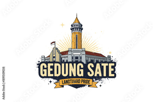 Gedung sate iconic landmark design with vintage style and typography