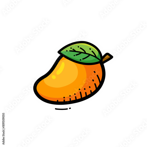 Cute cartoon style illustration of a ripe orange mango fruit with a green leaf and brown stem, isolated on a white background.
