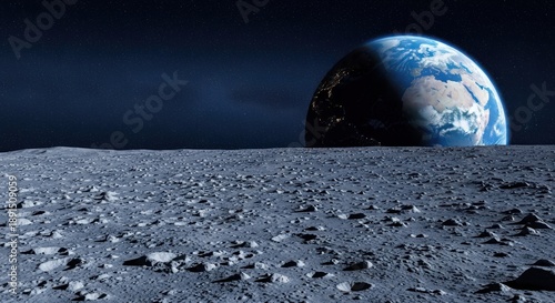 Earth rising over moon landscape with starry space background