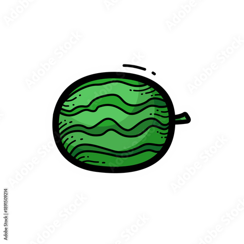 A hand-drawn cartoon illustration of a whole green watermelon with dark stripes and a small stem, depicted in a simple doodle style.