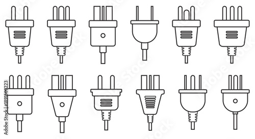 Electric plug line icons. Different power sockets connectors, various types for countries, pins number and location, catalog visualization isolated elements, qualitative vector outline set