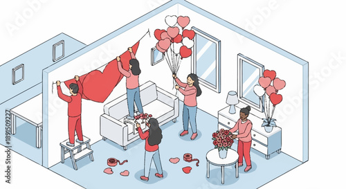 Group of people decorating a bedroom with balloons and flowers for a celebration.