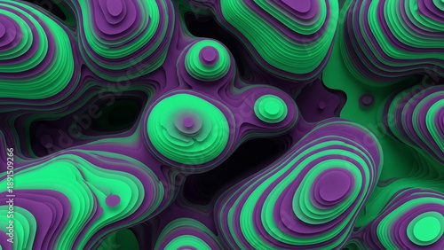 Abstract Organic Topographic Layers in Vibrant Green and Purple Hues