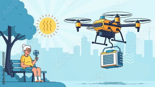 Futuristic Drone Delivering Portable Air Conditioner for Heat Relief to Elderly Woman in a Park on a Sweltering Summer Day