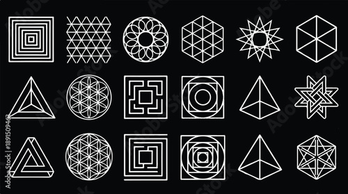 A collection of abstract geometric shapes and symbols. These shapes are symmetrical and come in various forms, including circles, triangles, squares, and hexagons 