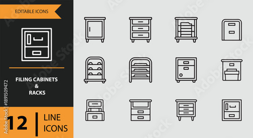 Editable line icons set featuring various filing cabinets and office storage racks for organizational needs