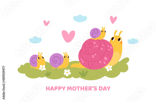 Cute snail mother. Mom day card with funny kids and parent, happy slugs with shells, cartoon shellfish characters, happy Mother celebration poster design, garish vector isolated concept