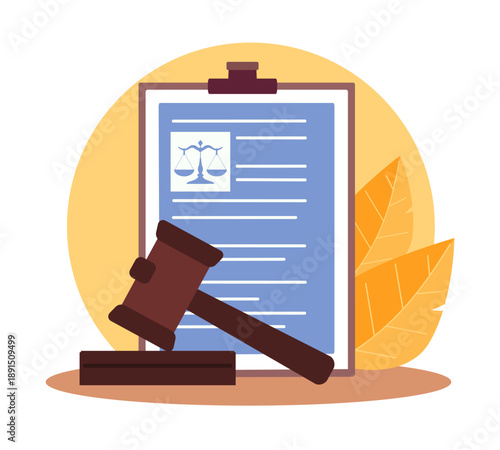 Court decision. Judicial system, verdict appeal, laws compliance, clipboard hold document with scales icon beside a judge gavel, official decision documentation vector cartoon flat concept