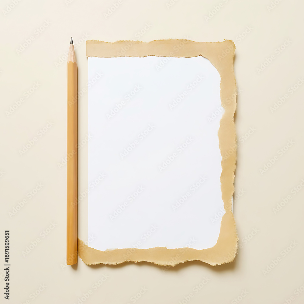 Fototapeta premium Blank White Torn Paper Sheet on Rustic Brown Background with Pencil, Ideal for Mockup Design and Creative Messages