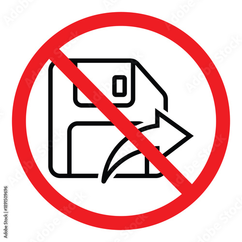 Restricted data saving and export icon. A red prohibition symbol over a vintage floppy disk and arrow, indicating no saving allowed, no external storage, or restricted legacy data transfer.