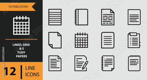 Collection of 12 editable line icons featuring various lined papers, grid notes, and study documents