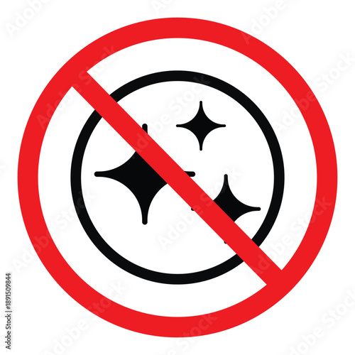 Red prohibition circle over star sparkle icons. Signifying no cleaning, no polish, or restricted sparkling effects. Minimalist vector icon for industrial, chemical, or specialized surface warnings.