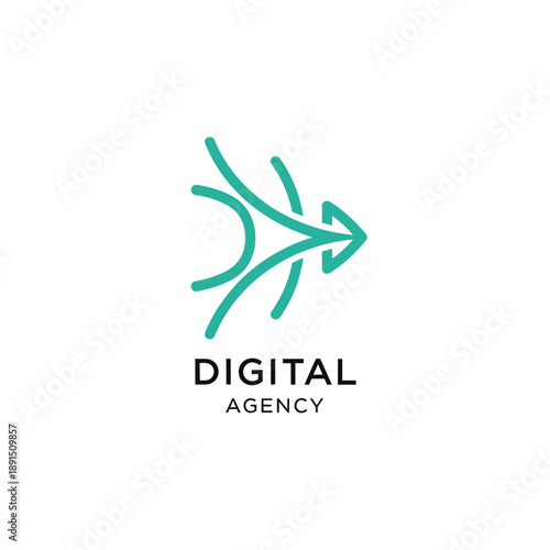 Digital agency logo with abstract arrow symbolizing forward motion and progress in a modern corporate setting
