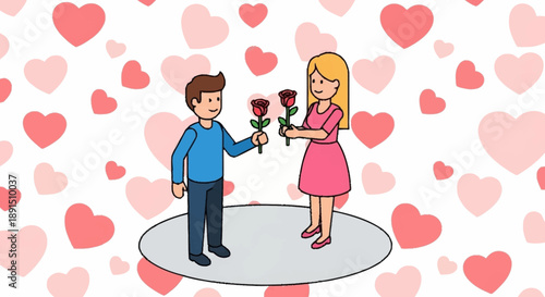 Man giving red roses to woman on Valentine's Day.