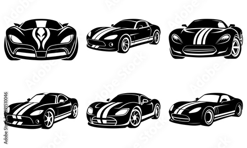 Collection of sleek sports cars illustrated from various viewpoints showcasing dynamic designs and racing stripes