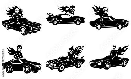 Various cars driven by winged figures depicted in multiple dynamic poses from a side viewpoint, showcasing futuristic elements