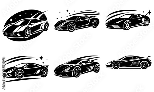 Set of sleek sports cars in various dynamic poses and angles, showcasing speed and style