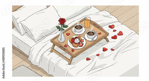 Romantic Breakfast in Bed with Rose Petals and Coffee.