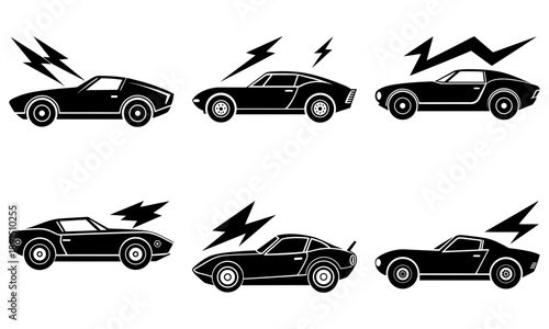 Collection of classic sports cars silhouetted with dynamic lightning bolts, showcasing various models and styles from different angles