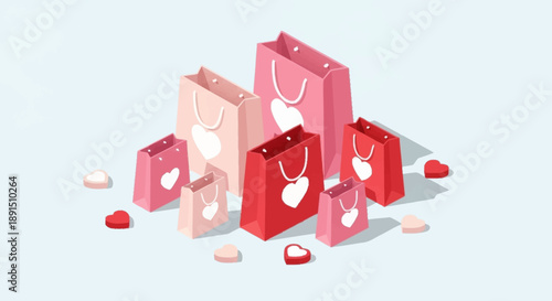 Assorted shopping bags and hearts on a pastel background.